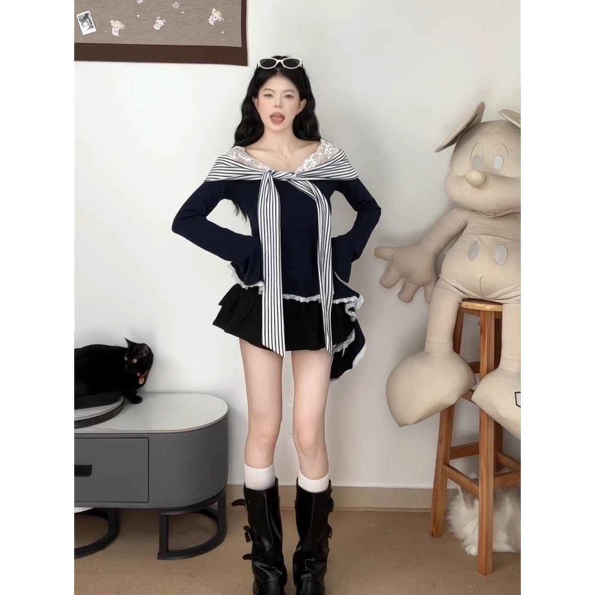 欣旺【官图 涤慕斯羊绒220克31】小心机蕾丝边露肩条纹披肩T恤上