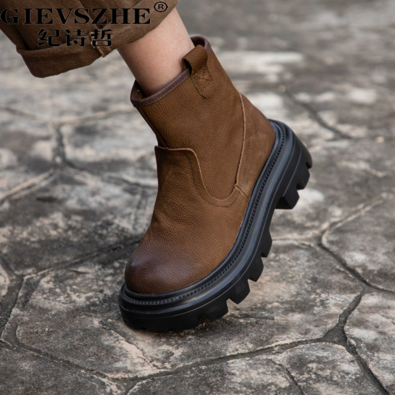 纪诗哲增高磨砂牛皮切尔西靴女美拉德风复古真皮短靴圆头轻便靴子