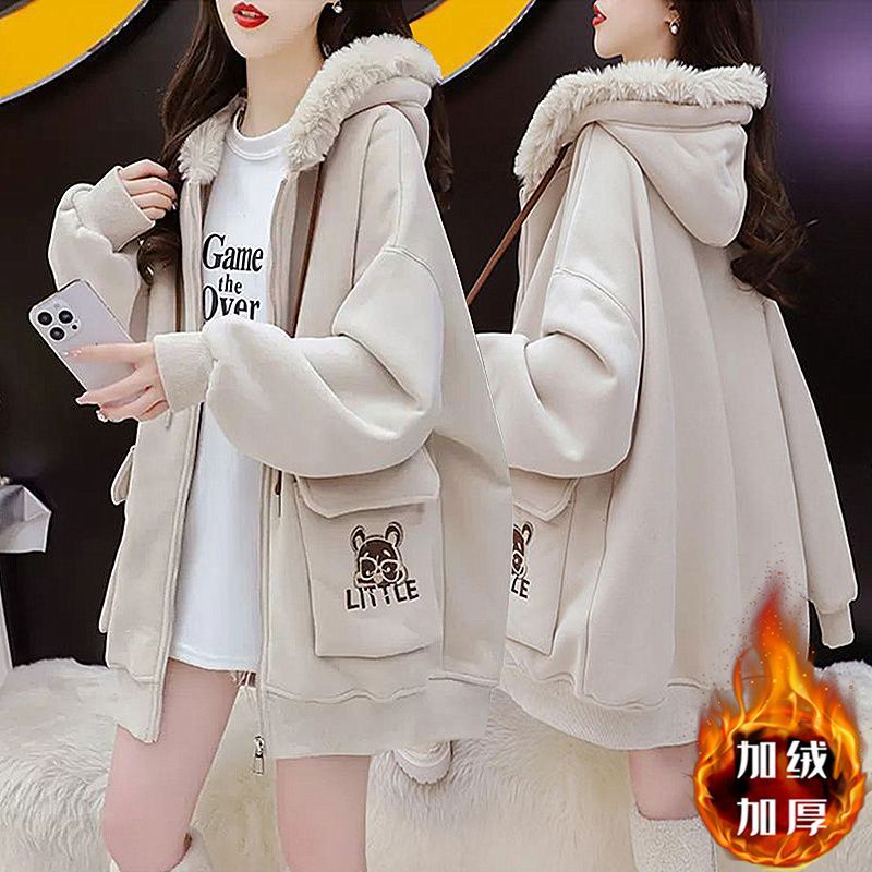 胖mm大码毛绒领加绒加厚连帽外套女秋冬2025新款韩版外穿开衫上衣