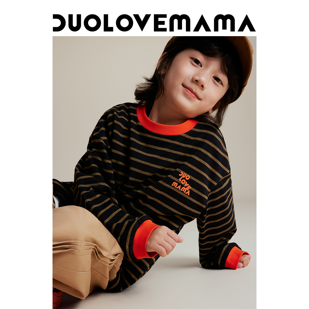 DUOLOVEMAMA 条纹印花百搭儿童T恤男女童复古运动休闲学院长袖秋