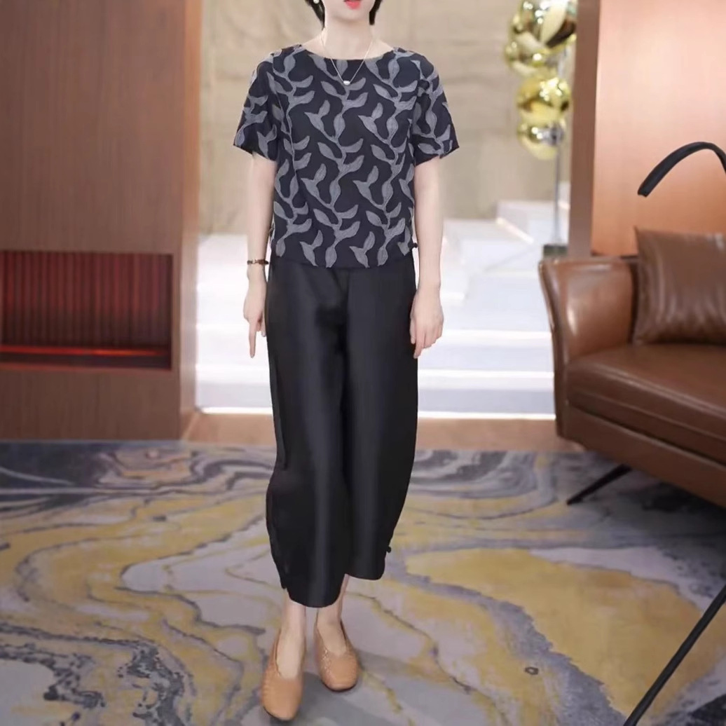 夏季新款欧货高级感印花上衣高腰阔腿裤女