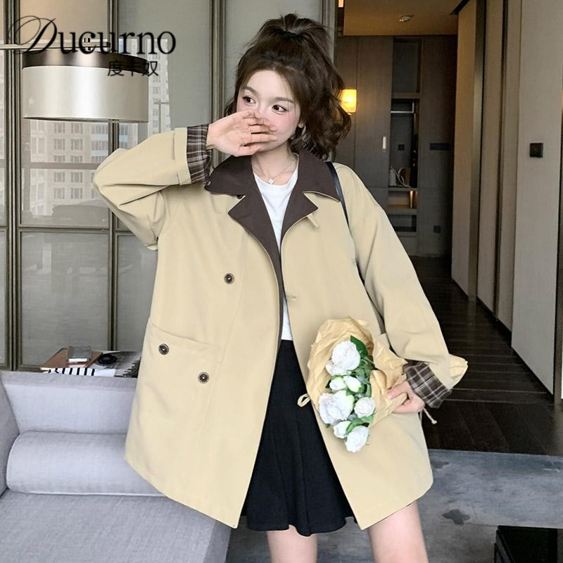 卡其色格纹拼接风衣外套女款2025秋季韩系复古百搭中长款气质大衣