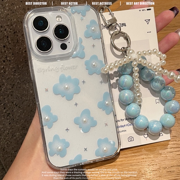蓝色珍珠花朵适用苹果16手机壳华为软壳小米滴胶vivo保护套oppo女