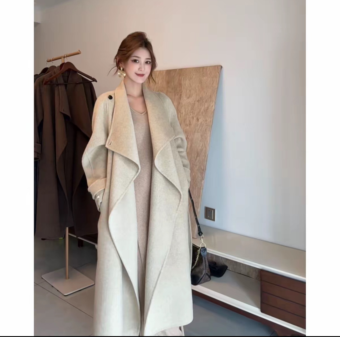 【盐风棱语】25年秋冬新款休闲腰带中长款双面羊毛大衣外套女装