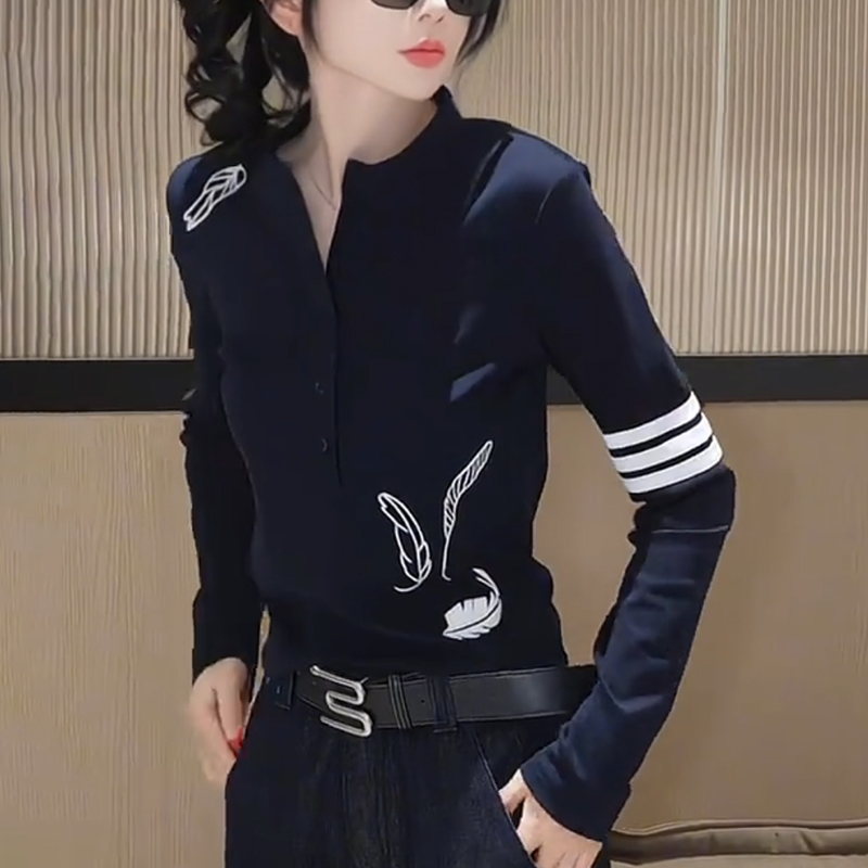 藏青色立领长袖t恤女士2025秋季百搭减龄显瘦洋气内搭打底衫上衣