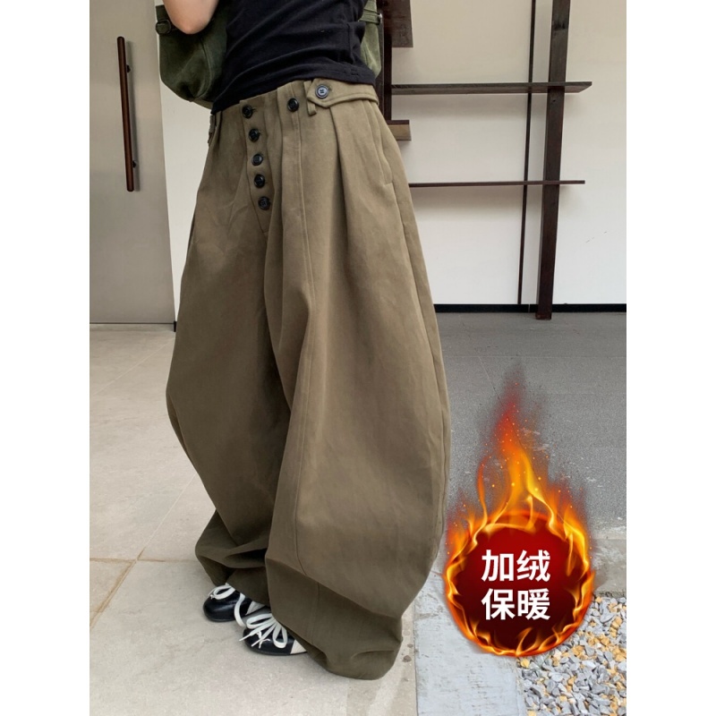 美式复古排扣工装休闲裤女2025秋冬新款小众宽松廓形慵懒弯刀裤子