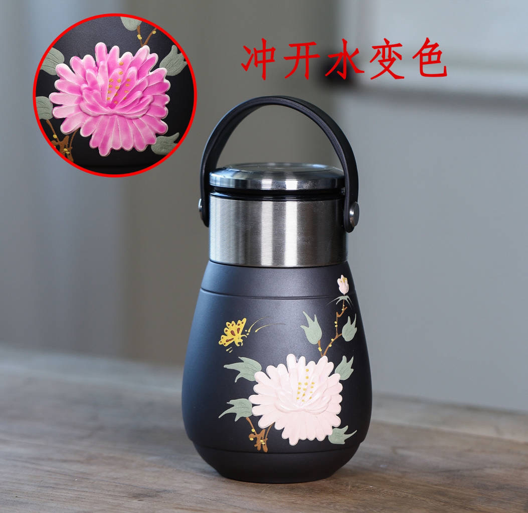 宜兴紫砂 手提盖泥绘牡丹感温变色便携旅行杯{赠杯套}黑