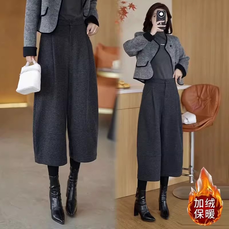 拉夏贝尔深灰色加绒毛呢八分裤女2025秋冬新款宽松显瘦显高阔腿裤