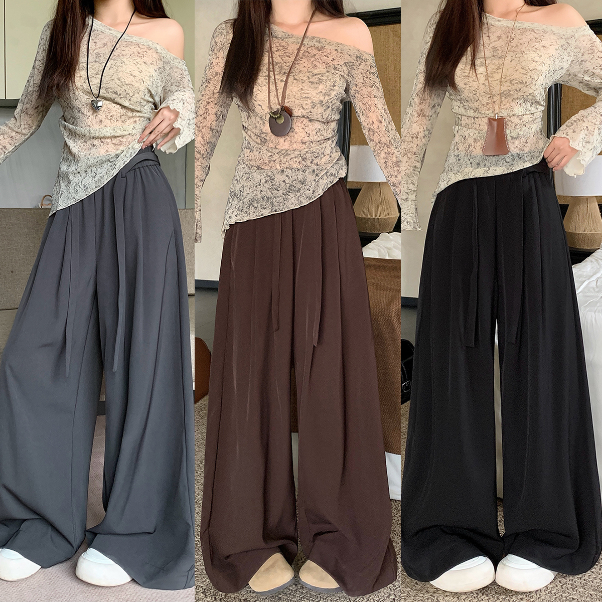 秋装加肥加大码女装胖mm绑带松紧腰宽松阔腿裤西装裤高腰垂感长裤