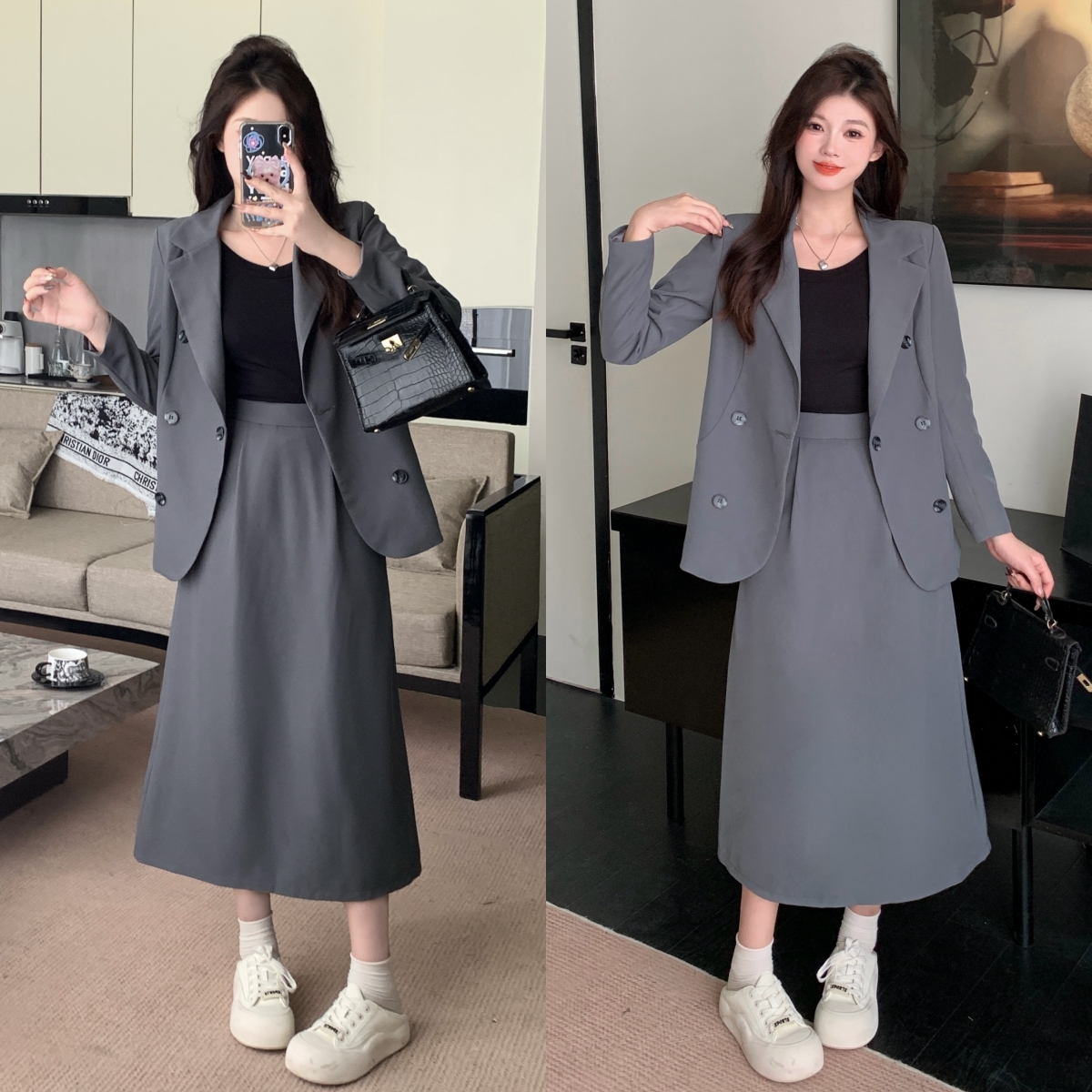 春秋大码女装胖MM时尚西装外套+半身裙两件套装-6631