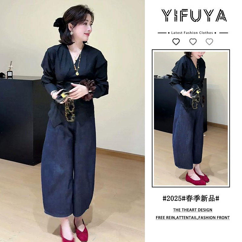 春季法式高级气质优雅御姐风长袖上衣2025年百搭阔腿裤新款两件套