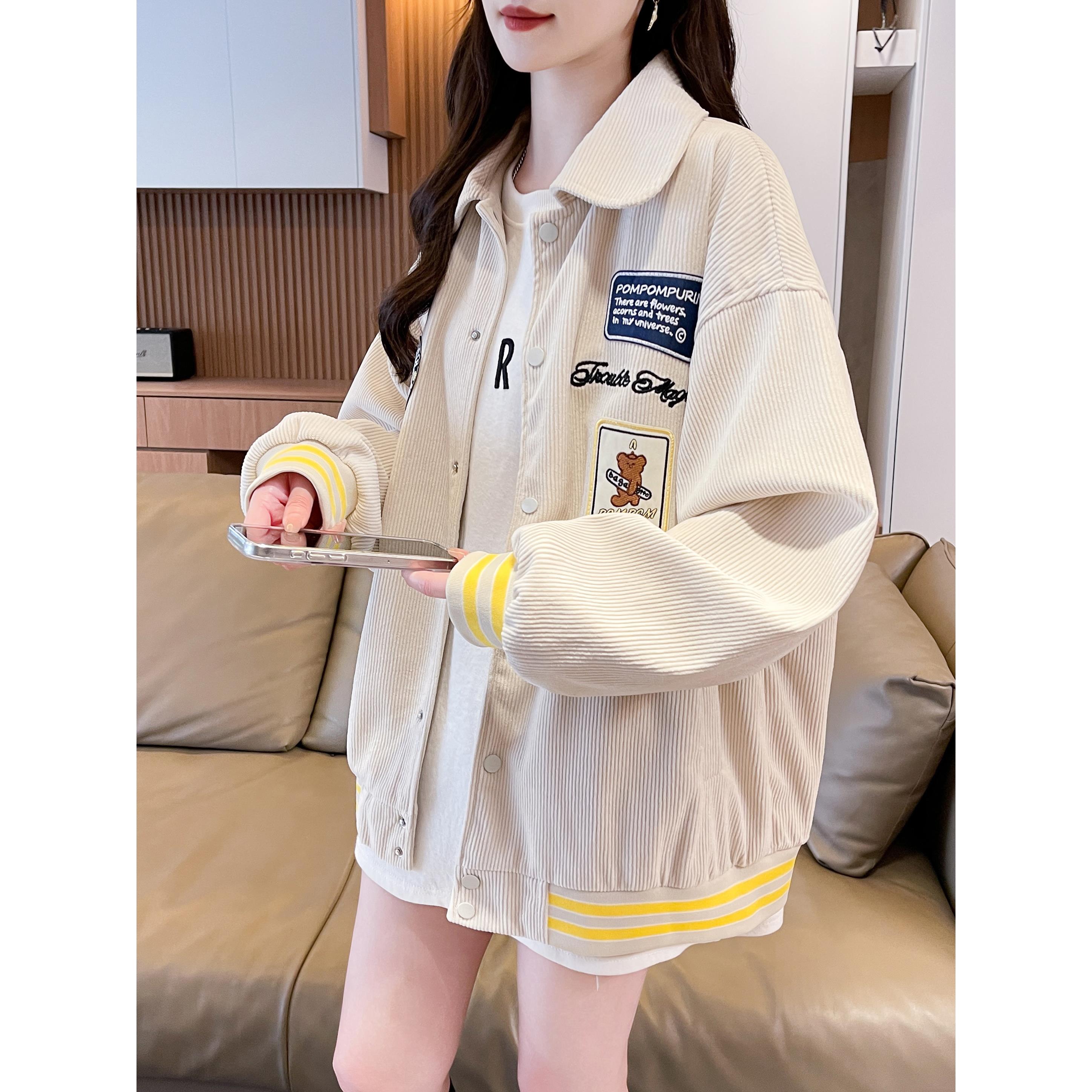 秋季女款美式复古休闲宽松炸街翻领灯芯绒初高中学生适用工装风格