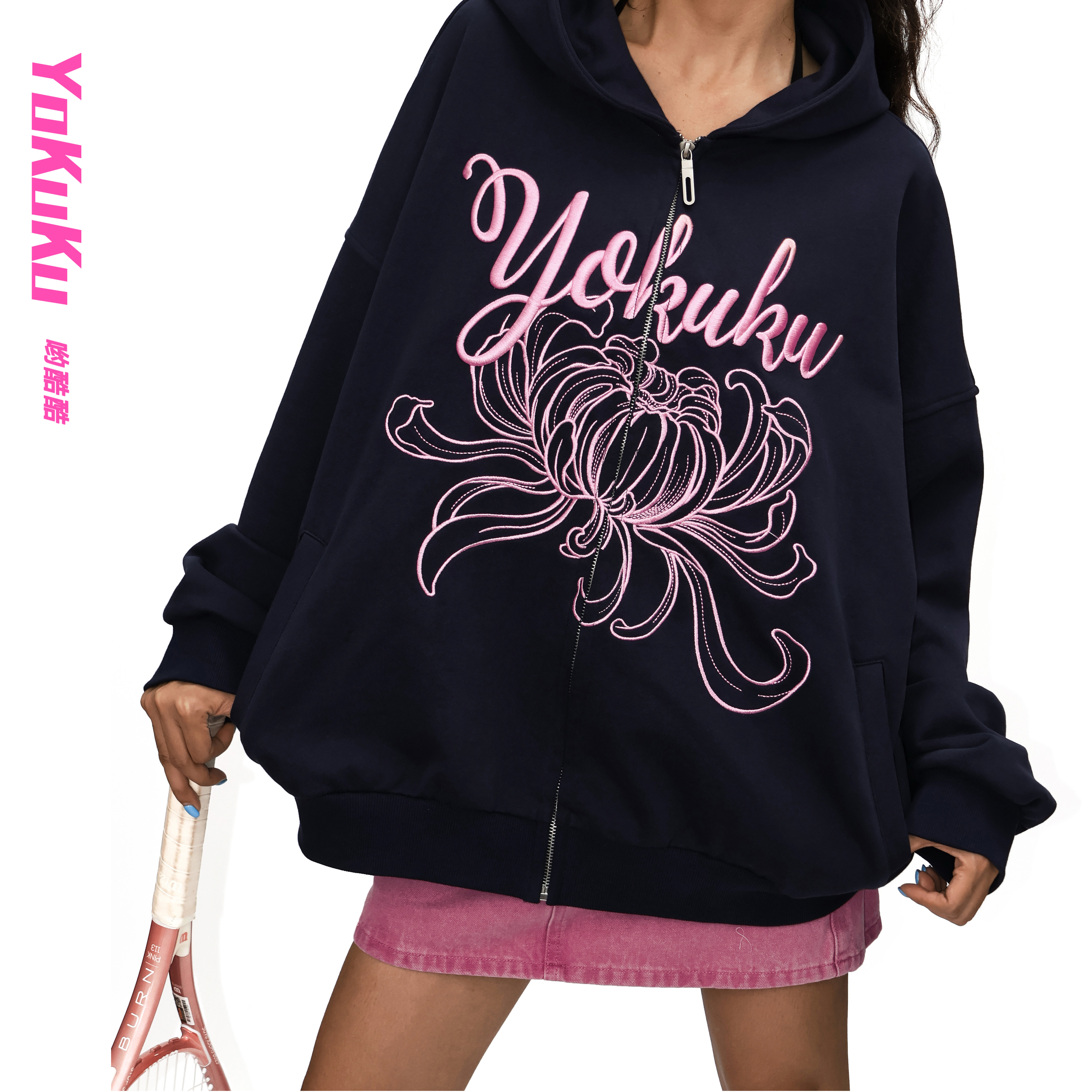 哟酷酷（生万物）秋季万针刺绣水仙花宽松休闲显瘦时尚帽衫卫衣外套