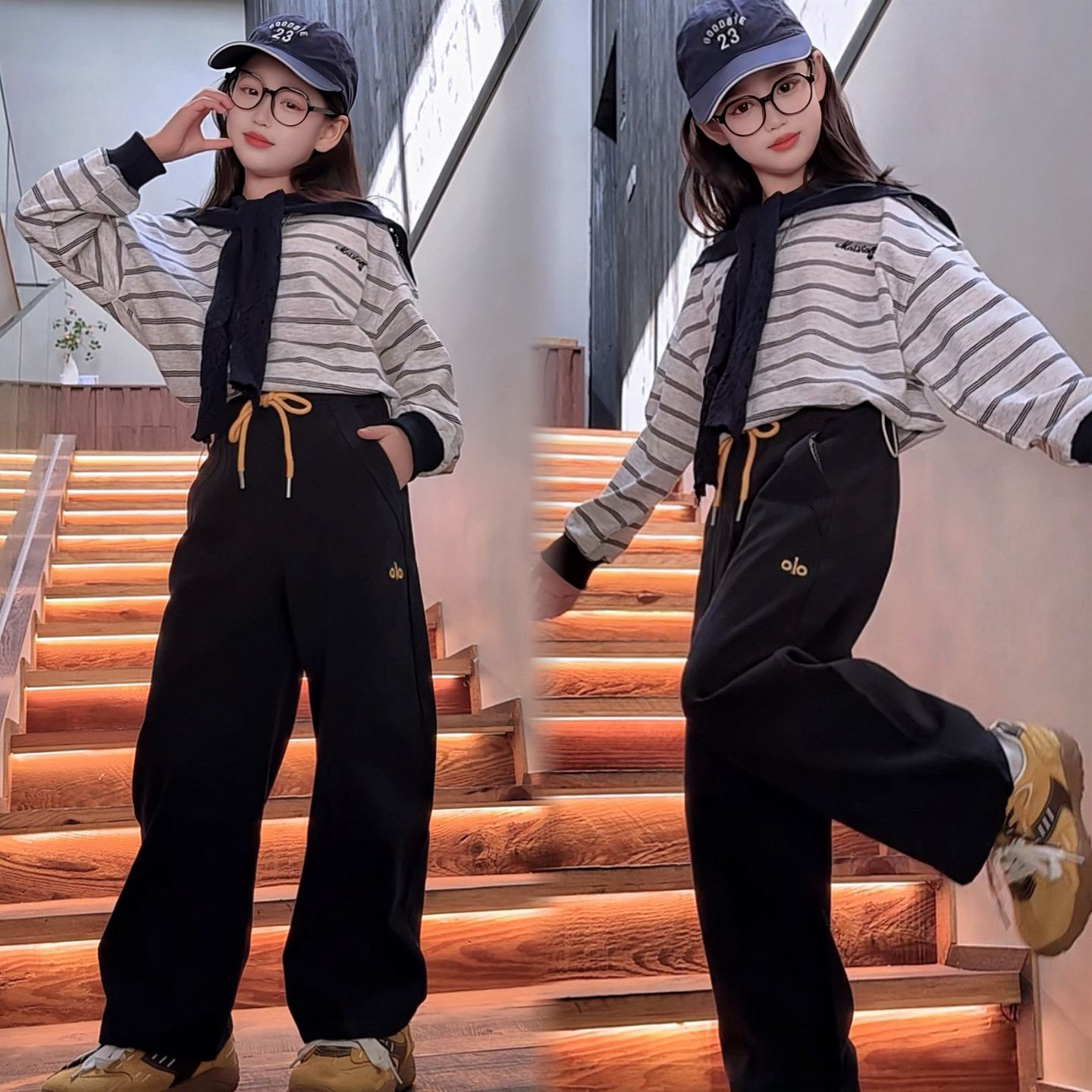 女童秋冬款套装中大童宽松女孩显瘦加绒裤子+加绒披肩卫衣两件套8