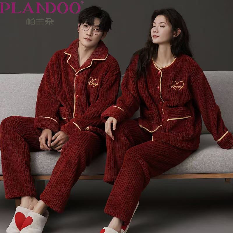 帕兰朵冬季珊瑚绒情侣睡衣红色喜庆本命年新婚加绒加厚家居服套装