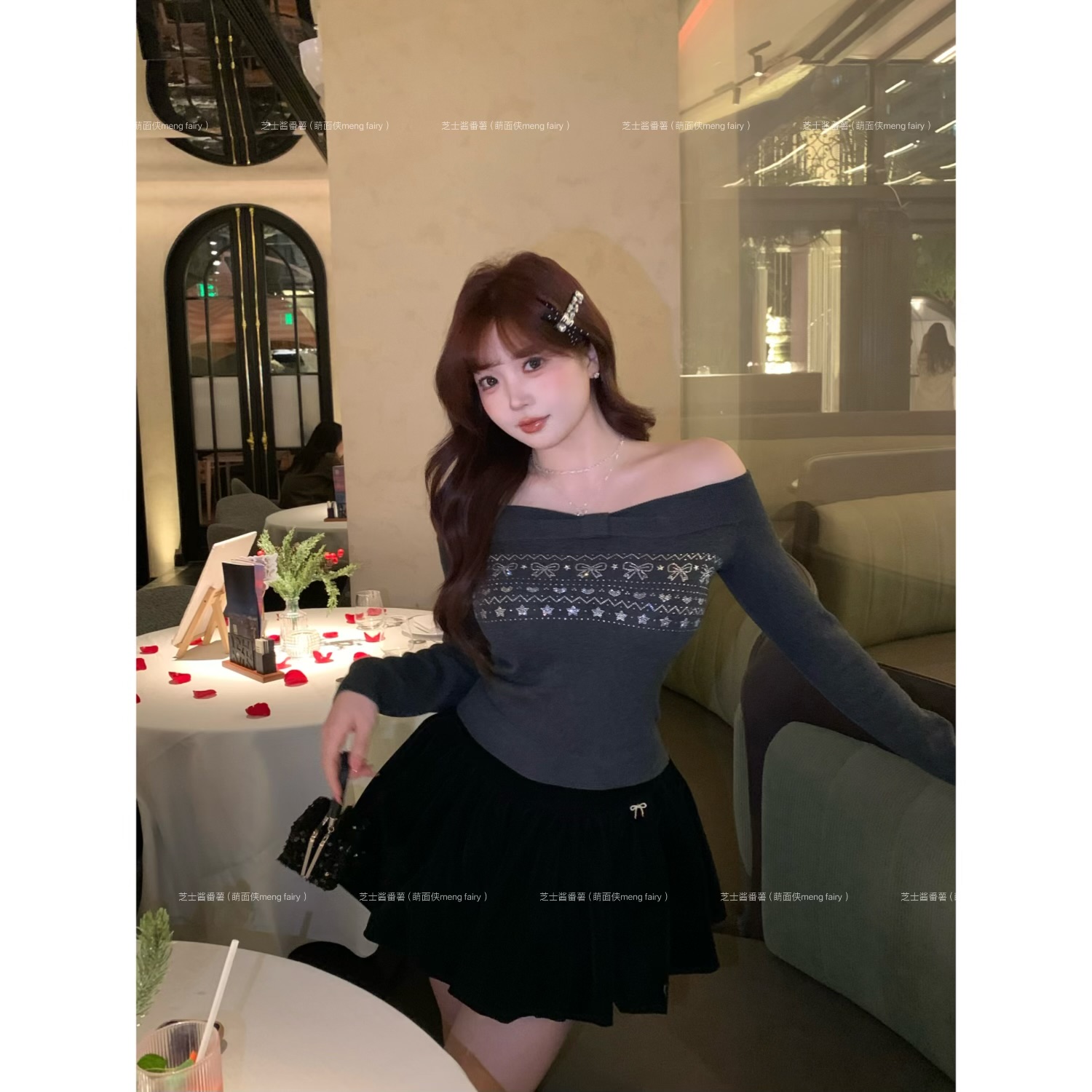 萌面侠芝士【费尔岛雪花】纯棉烫钻蝴蝶结爱心毛织上衣半裙71406640