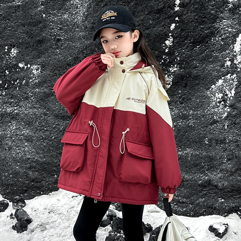 儿童棉衣时尚保暖拼接派克服外套3-15岁冬季加绒加厚连帽中长款