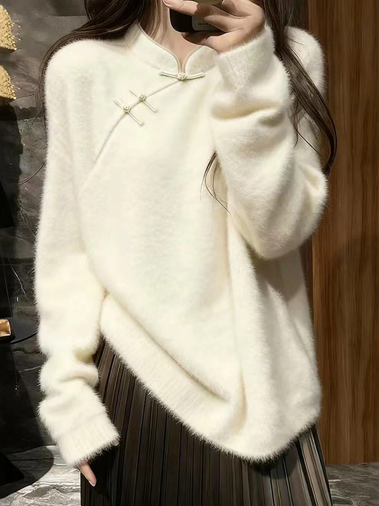 新中式盘扣立领毛衣女2025年秋冬新款小个子百搭软糯宽松针织上衣