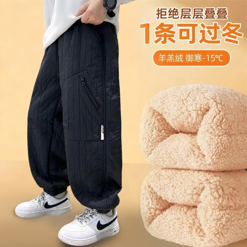 胖男童特厚羊羔绒裤子中大童加绒保暖防寒裤胖男孩冬季棉裤休闲裤