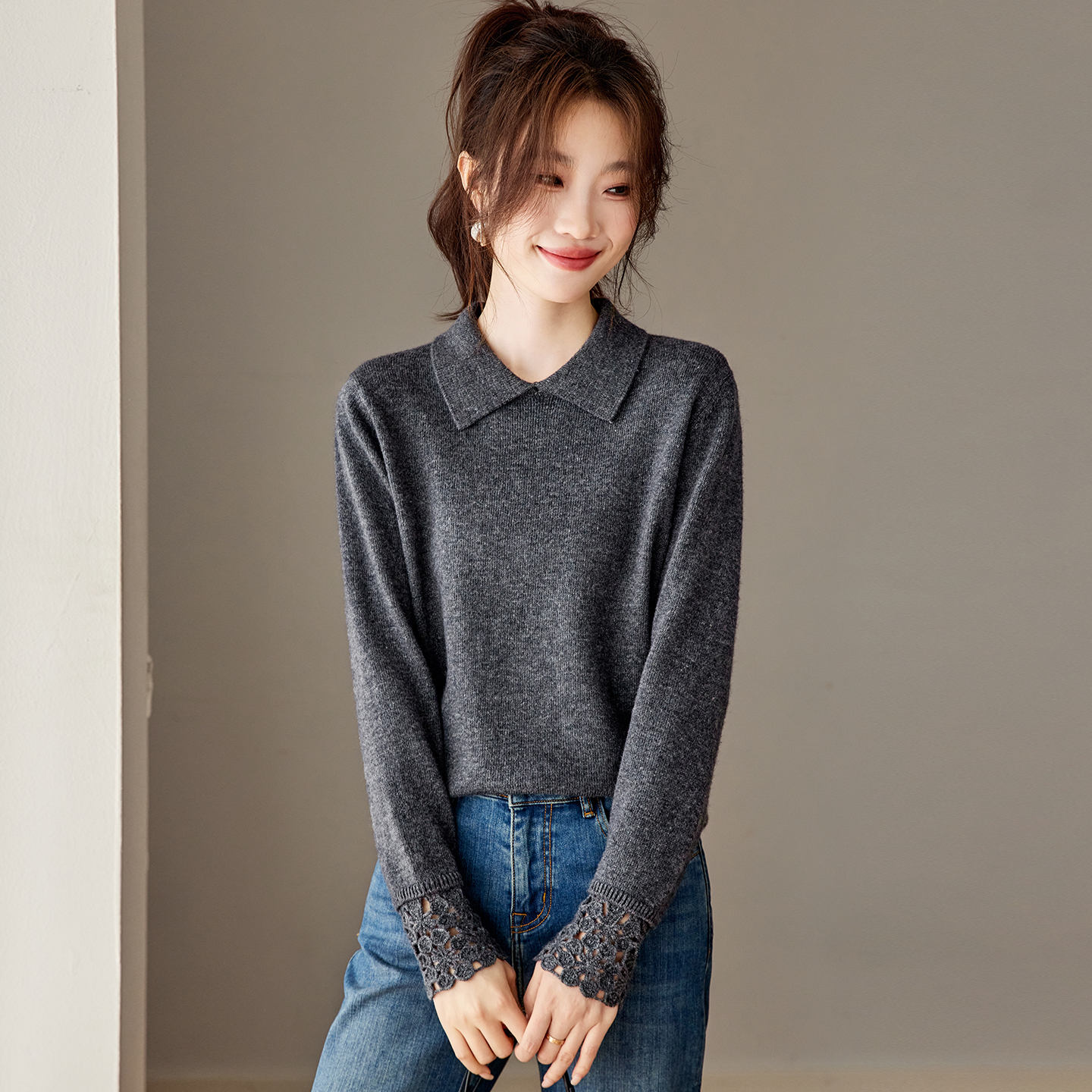 品牌时尚女装翻领纯色镂空袖设计感毛针织衫通勤风毛衣长袖上衣女