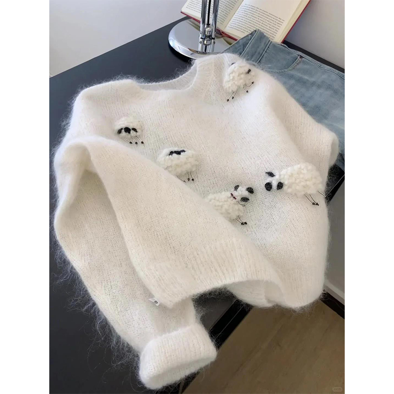 白色套头宽松外穿毛衣2025秋冬慵懒风高级感设计感小众针织衫上衣