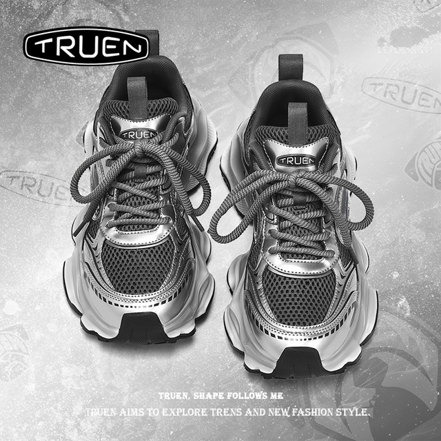 真恩老爹鞋女春秋增高厚底2025新款小个子香港银色显脚小运动女鞋