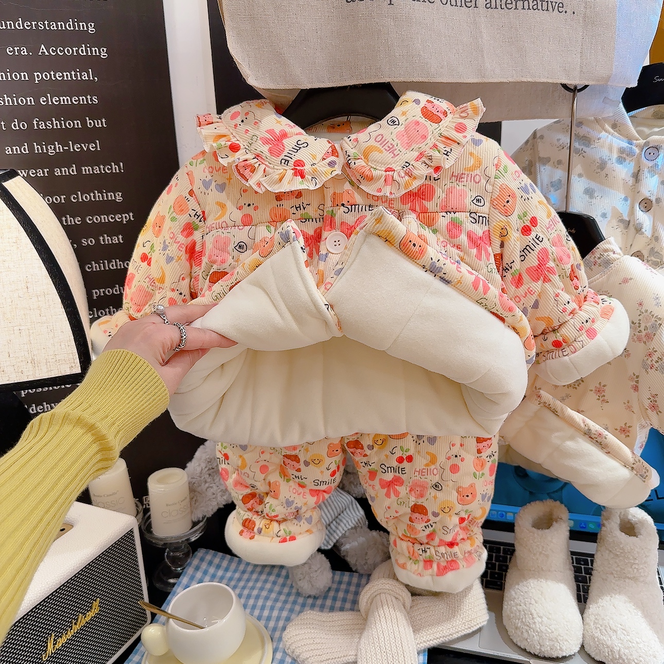 超厚款女宝宝甜美保暖家居服套装冬季卡通碎花睡衣棉衣棉裤两件套