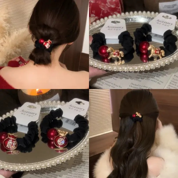 V本命年喜庆红色卡通马珠子牛奶丝发圈新年气质高弹力头绳发饰