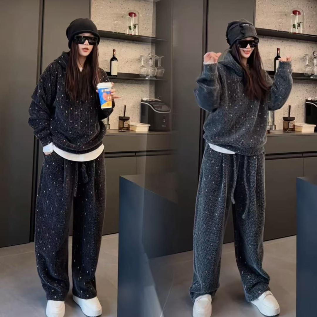 【现货】秋冬季加厚套装男女同款时尚洋气彩织连帽卫衣休闲裤两件套