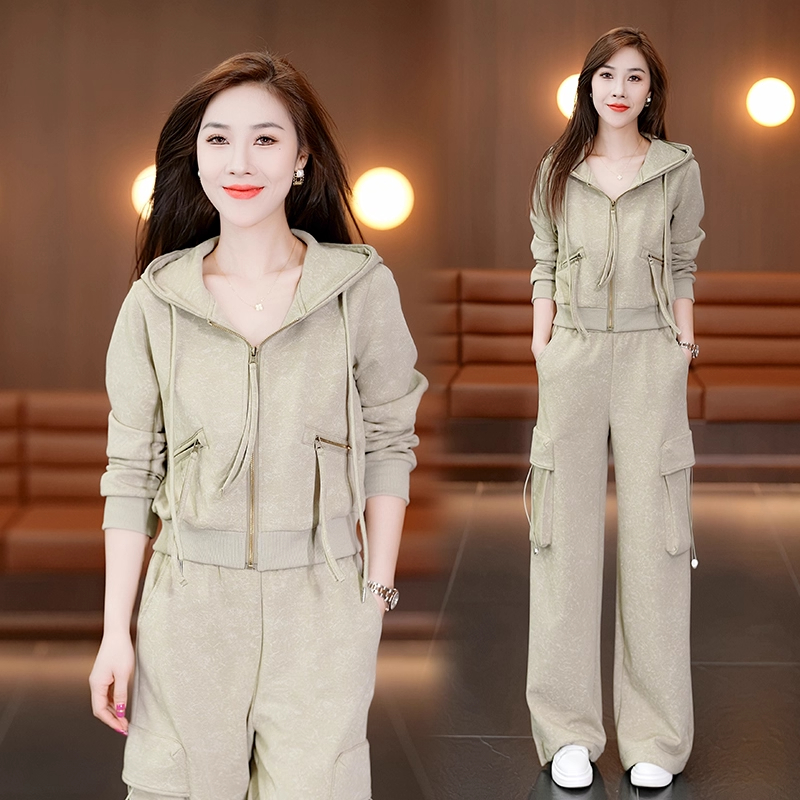 宽松休闲卫衣外套工装阔腿裤两件套女春秋新款洋气运动服时尚套装