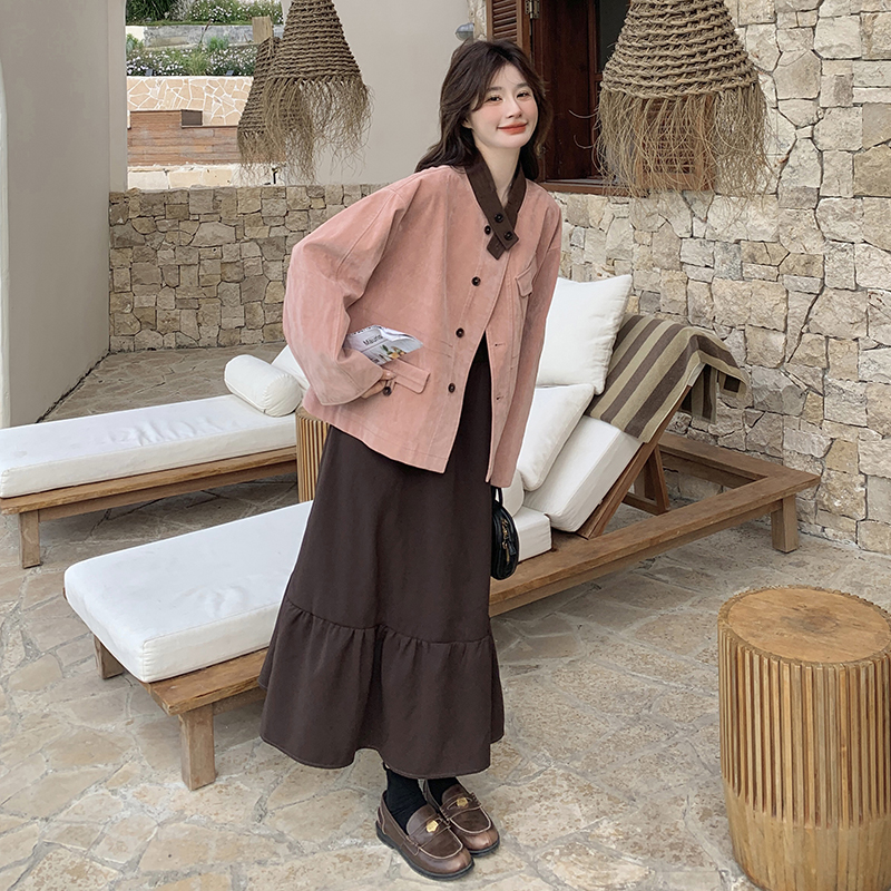 韩系甜美麂皮绒外套背心裙套装女2025年秋季超好看减龄长裙两件套