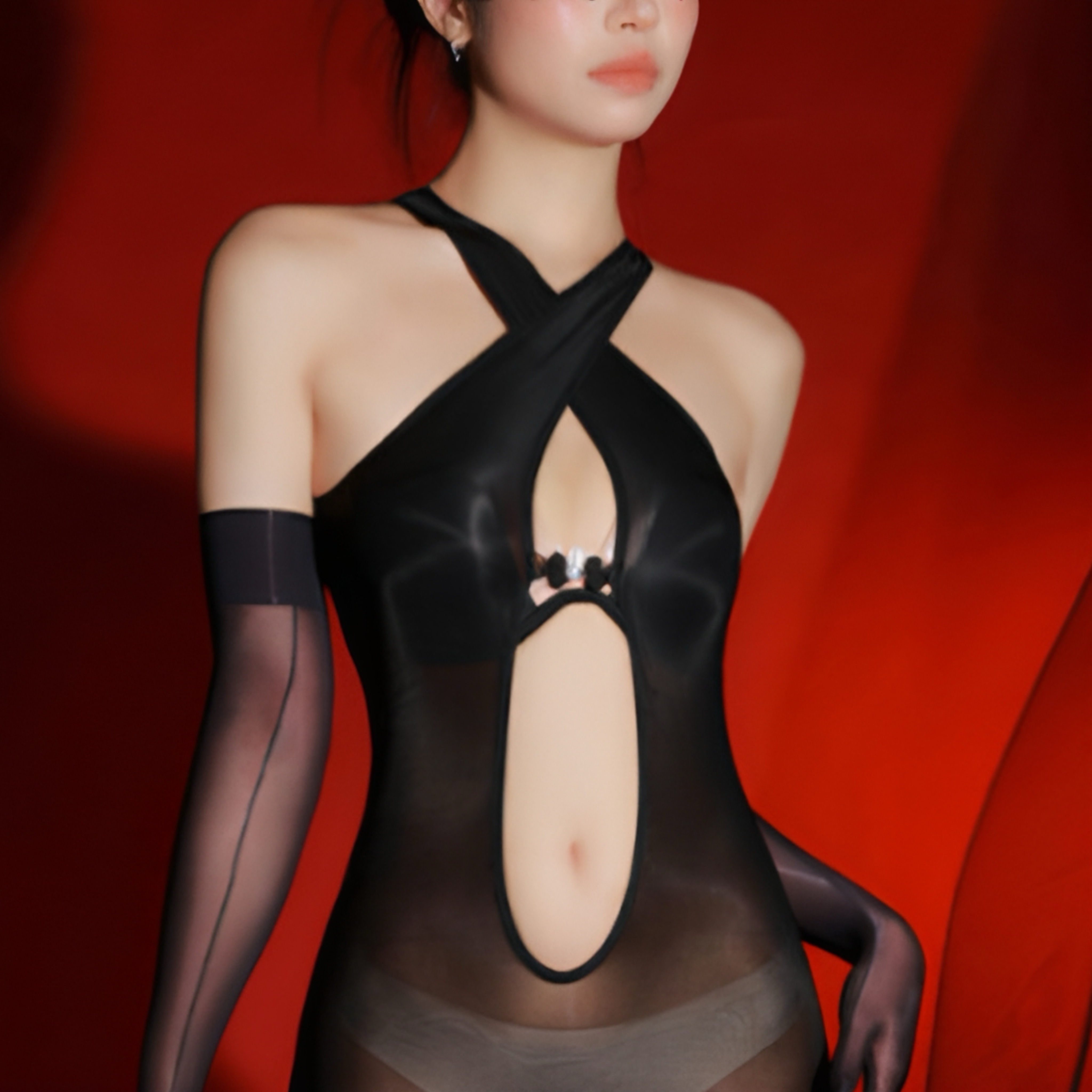 性感修身6D马油半开交叉挂脖斩男连体丝袜性感油亮全身