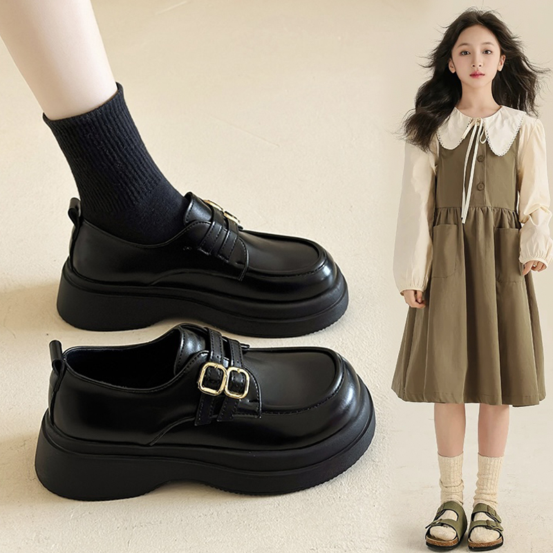 中大童女圆头英伦小皮鞋2025秋季新款女童黑色校园演出小皮鞋防滑