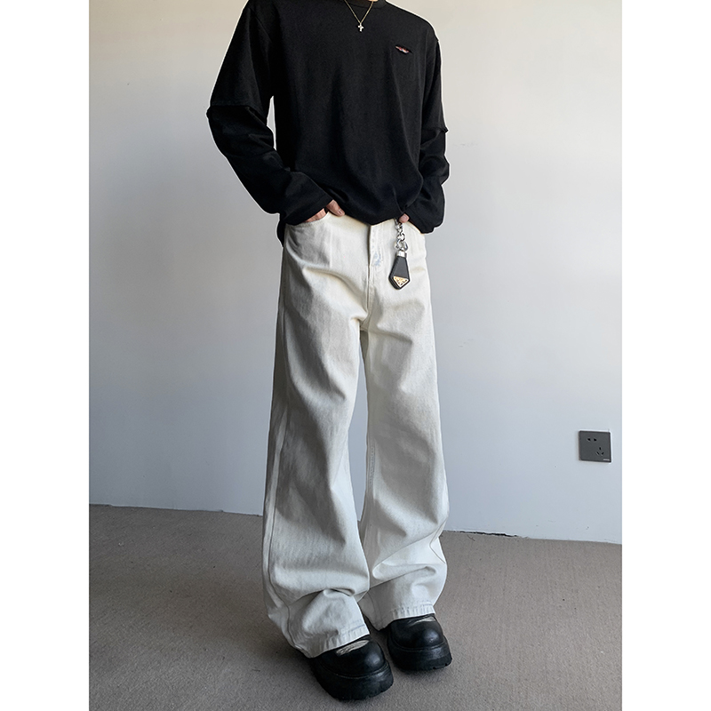 PLTH*微喇白色长裤直筒显瘦cleanfit裤子蓝色擦色做旧男女牛仔裤