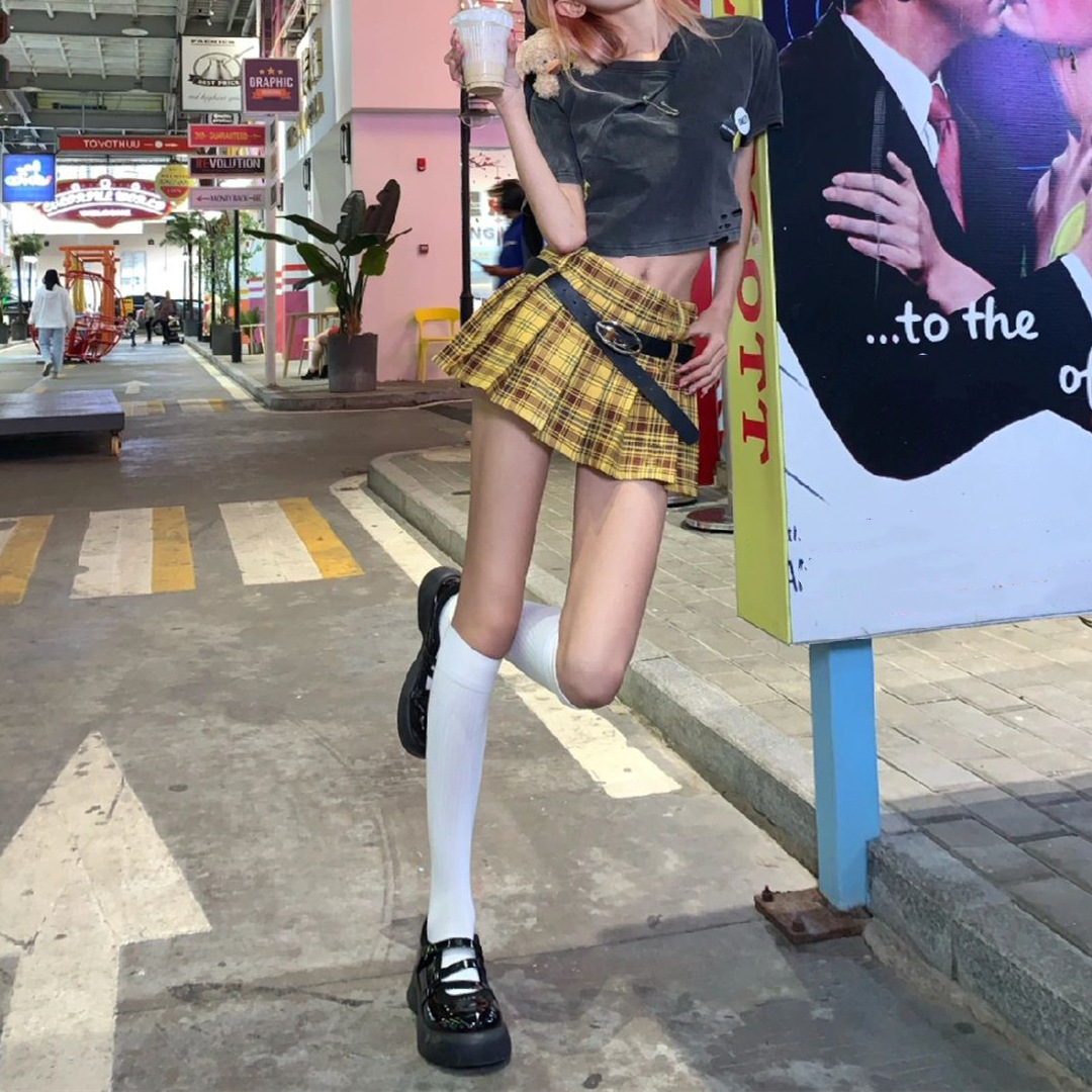 百褶裙短裙JK半身裙辣妹格子a字设计感大码学院风女复古美式黄色