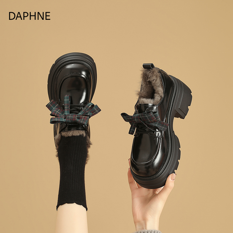 达芙妮乐福鞋女2025新款秋冬加绒蝴蝶结小皮鞋厚底增高甜美jk单鞋