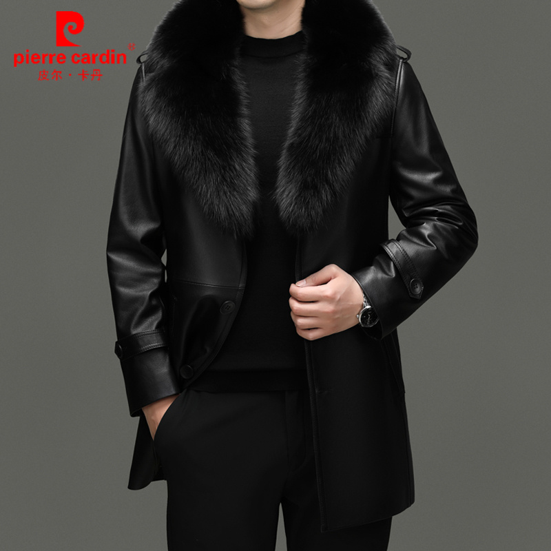 皮尔卡丹海宁头层牛皮中长款风衣男士冬季可脱卸毛领加绒保暖外套