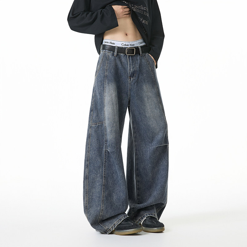 男女同款慵懒风长裤复古宽松阔腿裤子水洗做旧弯刀牛仔裤潮牌痞帅