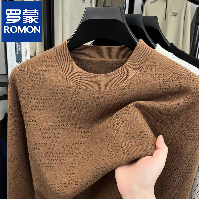 罗蒙男士圆领提花毛衣秋冬新款时尚休闲针织衫修身纯色轻奢打底衫