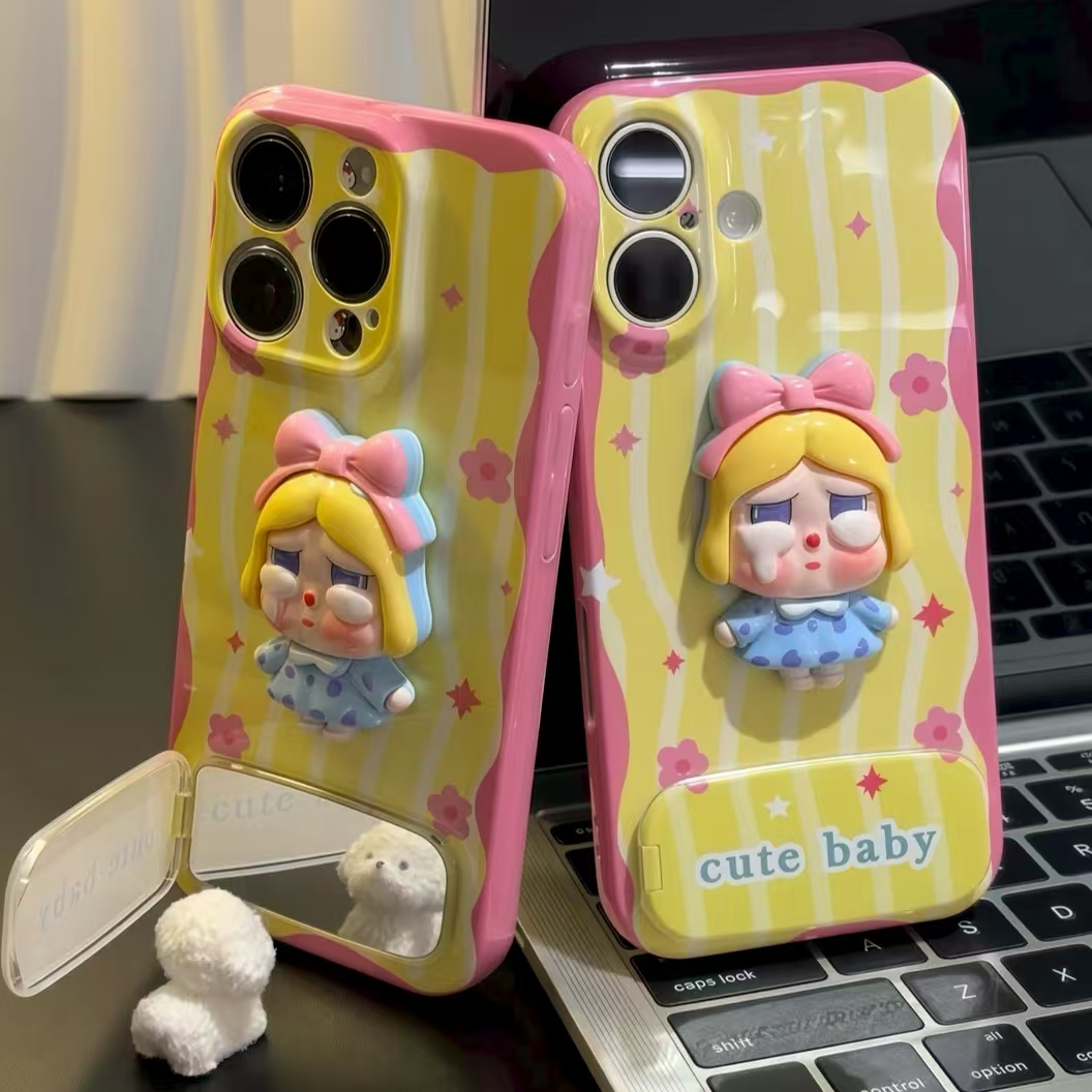 条纹花朵哭娃菲林ins支架手机壳适用苹果16华为p70vivo小米15oppo