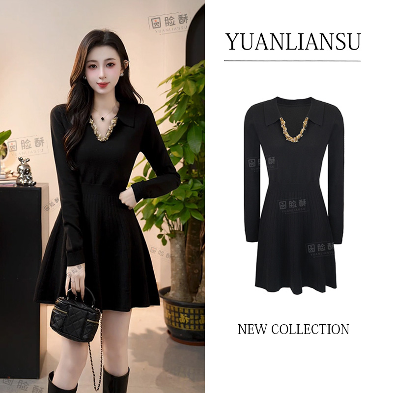 YUANLIANSU/圆脸酥【日蔚暮雨】法式复古V领长袖针织显瘦连衣裙女