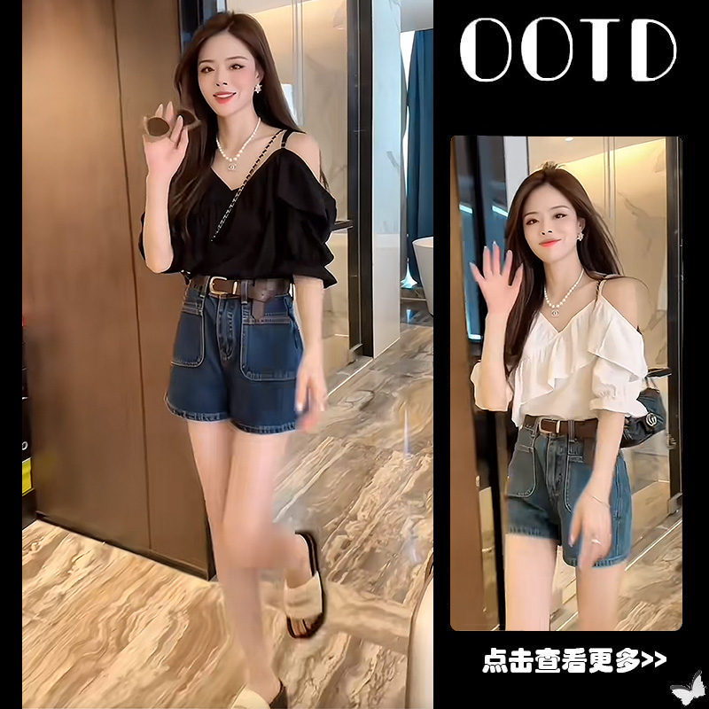 夏季穿搭一整套2025新款黑色荷叶边衬衫百搭高腰牛仔短裤两件套女