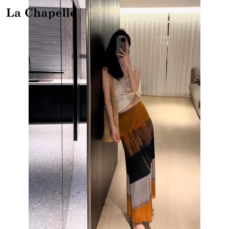 La Chapelle/拉夏贝尔撞色扎染半身裙夏季新款法式高腰小个子长裙