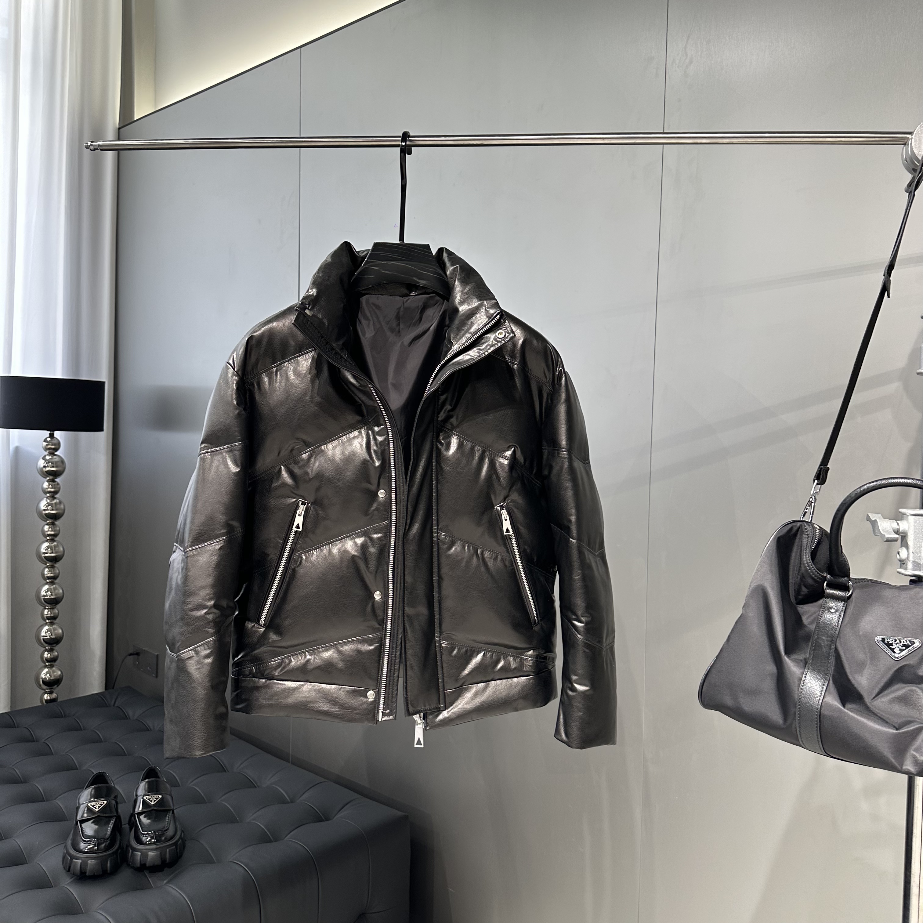 重磅来袭 進口头层胎牛皮男士真皮鹅绒皮衣外套休闲立领短款