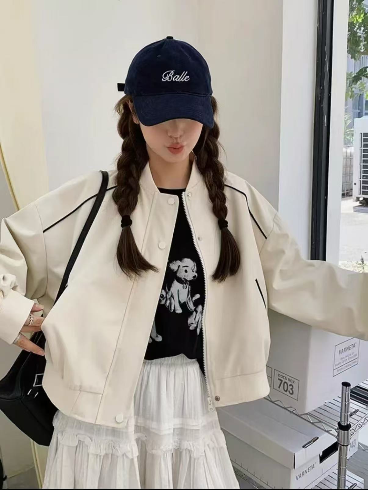 纯色直下摆螺纹下摆秋季女短外套春秋时尚开衫棒球服上衣复古春季