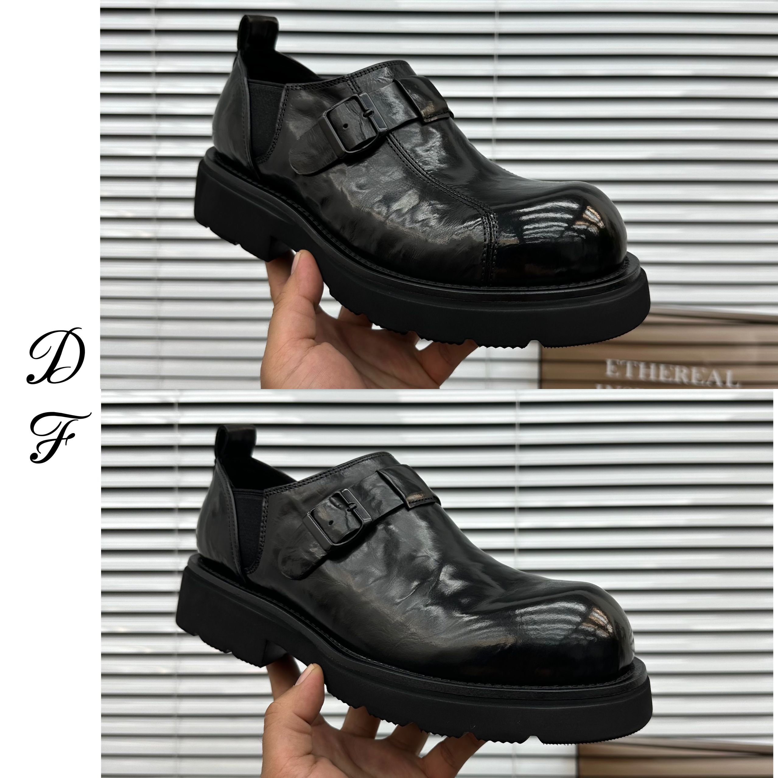 高品质男休闲皮鞋黑色卡扣一脚蹬男鞋英伦厚底切尔西商务休闲皮鞋