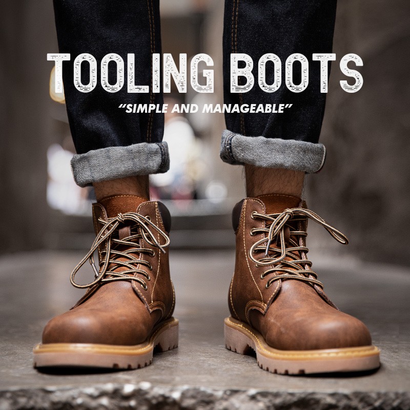 MRA裂纹疯马工装靴男冬季加绒雪地棉鞋美式复古中帮马丁靴短靴子