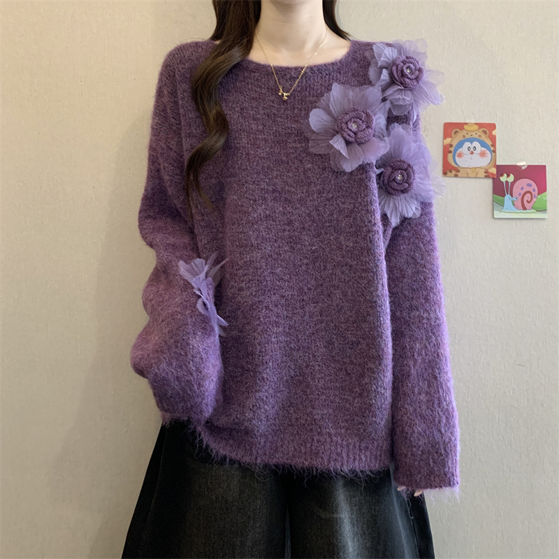 高级感花朵紫色毛衣上衣秋冬2025新款大码女装胖mm宽松加厚针织衫