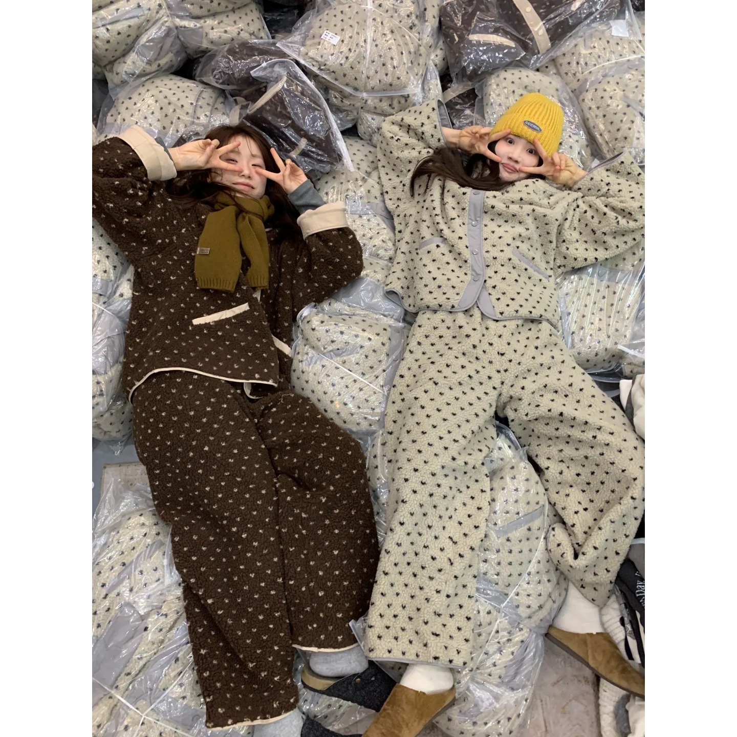 韩系波点甜美气质米粒绒睡衣女秋冬新款加厚保暖家居服套装可外穿