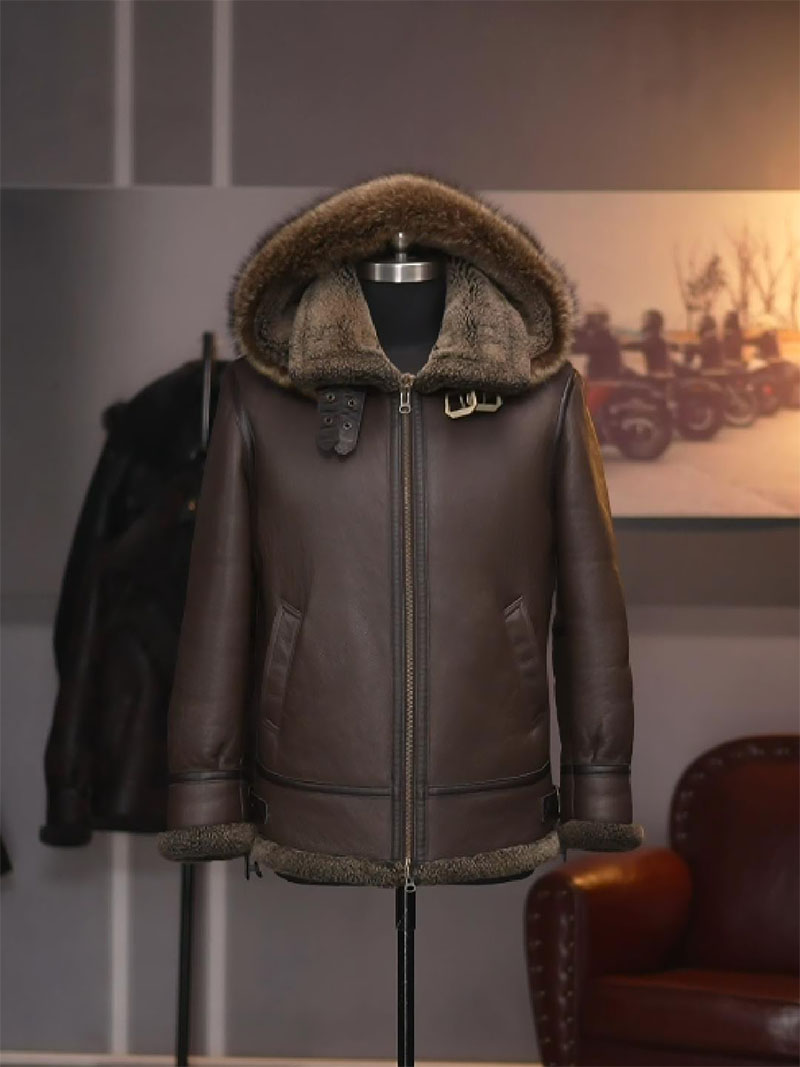 水洗油蜡棕2301醇植浆染复古做旧男装原生态皮毛一体外套真皮冬帽